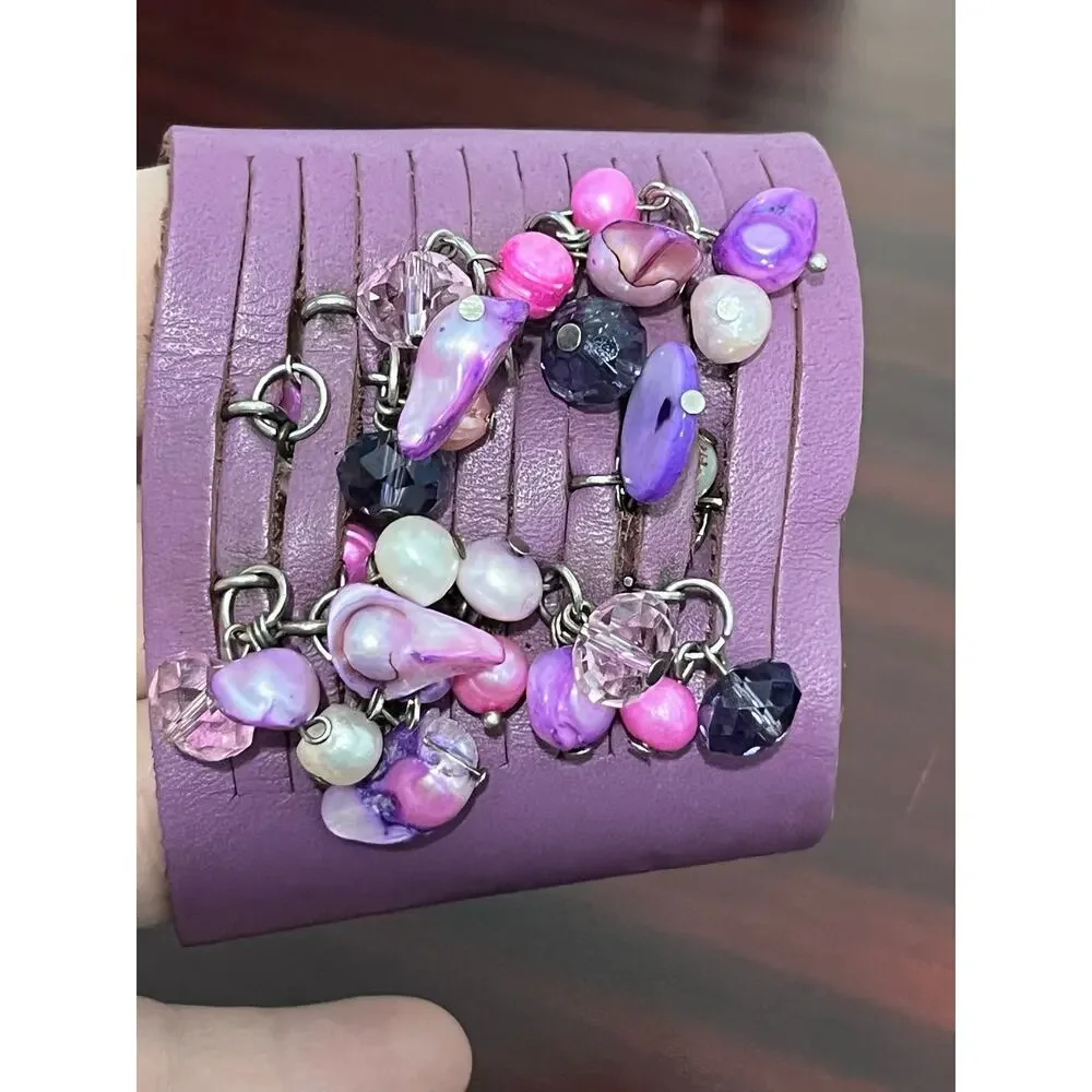 VTG Y2K Artisan Purple Leather Cuff Bracelet Beads Pearls Shells Boho Festival